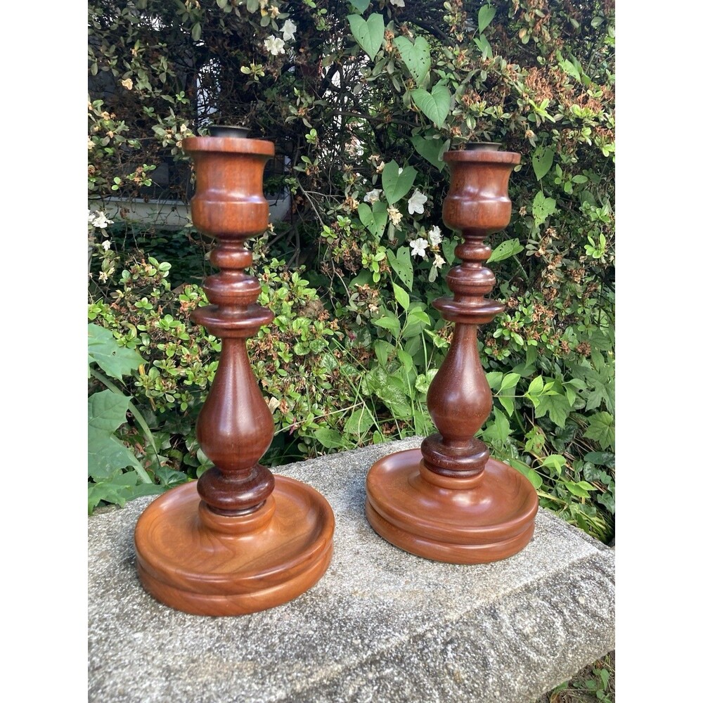 Vintage Hand Turned Wood Candlestick Taper Holders Brass Insert Fruitwood